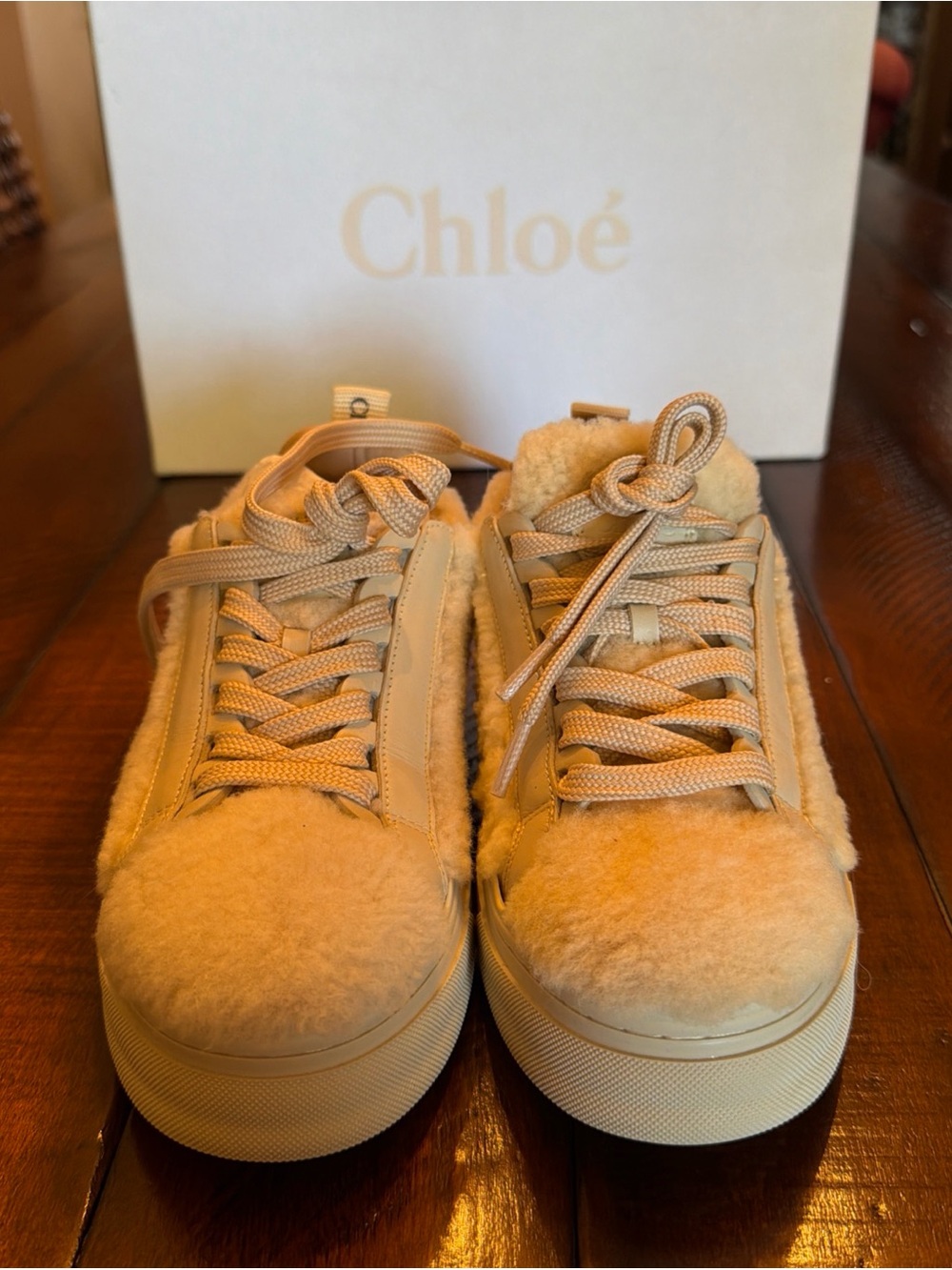Authentic New Chloé Lauren Shearling Sneakers EU 37 US 7 Beige NIB Box Dust Bags